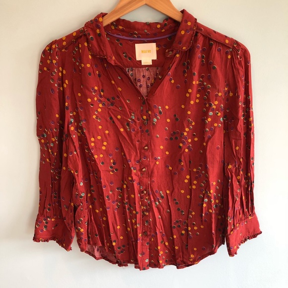 Anthropologie Tops - Anthropologie | Maeve Burgundy Polka Dot Blouse